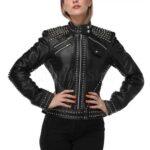 Womens Studded Leather Jacket Full Black Women Punk Silver Long Spiked Leather Brando Jacket, Magnificent Luxury Studded leather jacke