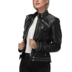 Womens Studded Leather Jacket Full Black Women Punk Silver Long Spiked Leather Brando Jacket, Magnificent Luxury Studded leather jacke