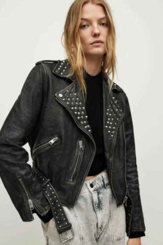 Women Studded Leather Jacket Full Black Women Punk Silver Long Spiked Leather Brando Jacket, Magnificent Luxury Studded leather jacket