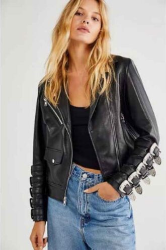 Womens Studded Leather Jacket Full Black Women Punk Silver Long Spiked Leather Brando Jacket, Magnificent Luxury Studded leather jacket