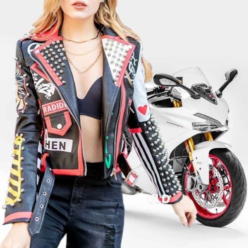 Women‘s Hand print graffiti rivets studded motor premium PU leather jacket, slim fit environmental friendly biker jacket, hip hop outfit