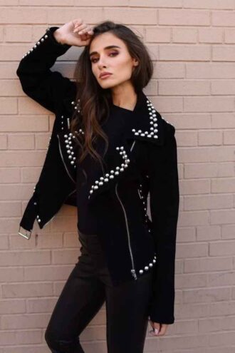 Women Suede Studded Leather Jacket Full Black Women Punk Silver Long Spiked Leather Brando Jacket, Magnificent Luxury Studded leather jacket