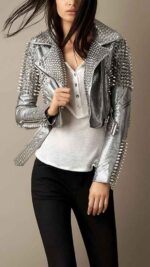 Customize Women Silver Studded Leather Jacket Silver Genuine Leather Jacket Spike Studded Jacket Punk Leather Jacket