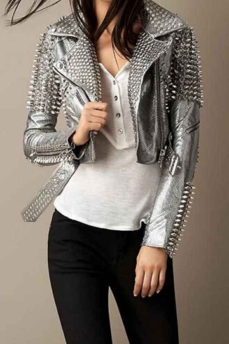 Customize Women Silver Studded Leather Jacket Silver Genuine Leather Jacket Spike Studded Jacket Punk Leather Jacket