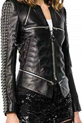 Women Studs Motorcycle Zippered Jacket, Black Cowhide Leather Punk Jacket, Personalized Silver Studs Jacket, Handmade Jacket