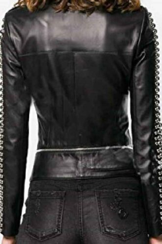 Women Studs Motorcycle Zippered Jacket, Black Cowhide Leather Punk Jacket, Personalized Silver Studs Jacket, Handmade Jacket