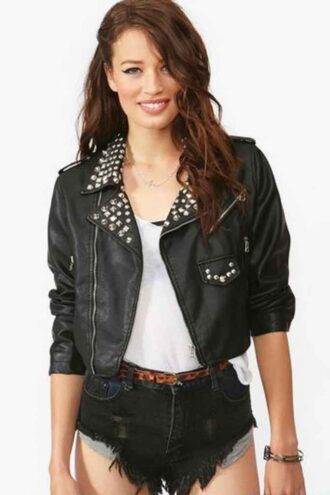 Fashion Wears Motorcycle Pyramid Studs Ladies Handmade Premium Cowhide Leather Epaulets Punk Studded Jacket