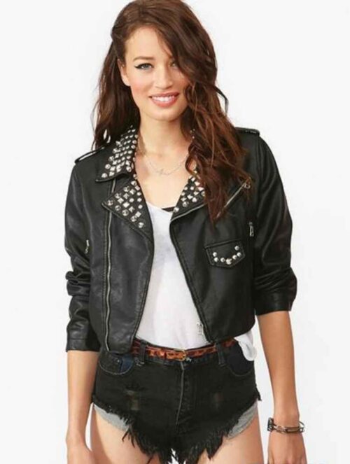 Fashion Wears Motorcycle Pyramid Studs Ladies Handmade Premium Cowhide Leather Epaulets Punk Studded Jacket