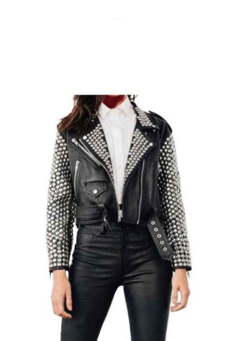 New Woman Punk Black Silver Studded Brando Cowhide Leather Jacket