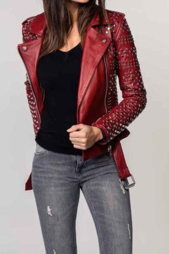 New Women's Burgundy Leather Studded Jacket, Studded Women Biker Jacket, Women Winter Fashion Party Jacket