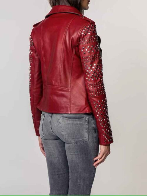 New Women's Burgundy Leather Studded Jacket, Studded Women Biker Jacket, Women Winter Fashion Party Jacket