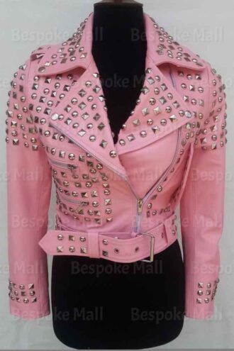 New Handmade Women baby pink Full Silver studded Punk Stylish Elegant Belted Design Cowhide Biker Leather Jacket