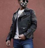 Mens Spiked Handmade Black Outerwear Gothic Rock Steampunk Motorbike Silver Studs Brando leather Jacket