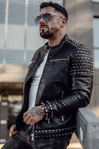 Mens Motorcycle Motorbike Gothic Steam Punk Sliver Studded Fashion Club Style Punk Style Biker Leather Jacket 