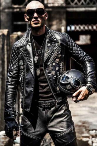 Bikers Handmade Gothic Multi Studded Brando Zippered Cowhide Leather Motorbike Quilted Punk Fashion Jacket