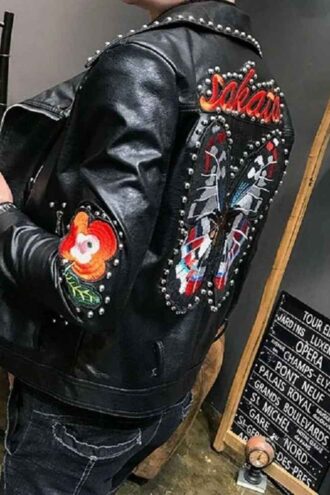 Brando Style Patches Leather Jacket Men, Black Fashion Outer Wear Studded, Sakata Butterfly Patch, Customize Biker's Punk Jacket,