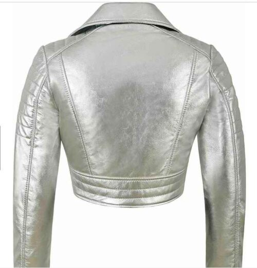 Womens Metallic Silver Short Body Cropped Motorcycle Foiled Leather Biker Jacket