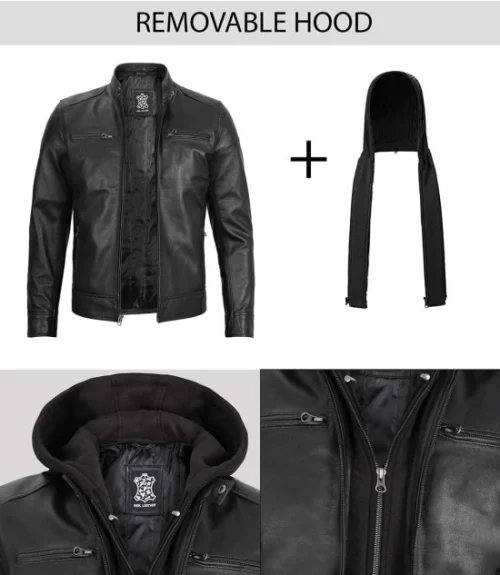 Men's Black Leather Jacket with Removable Hoodie