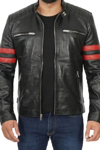 Mens Cafe Racer Black Leather Jacket with Red Stripes