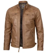 Men's Distressed Camel Brown Cafe Racer Leather Jacket