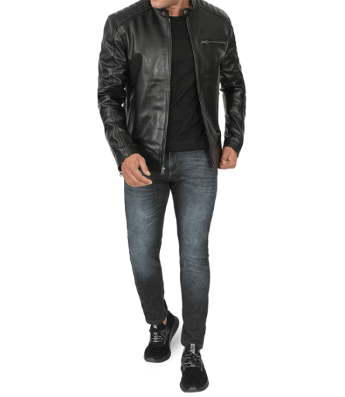 Black Men's Leather Motorcycle Jacket - Racer Style
