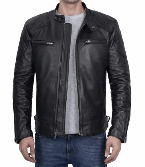 Premium Stylish Men's Black Cafe Racer Leather Jacket with Multi-Pockets