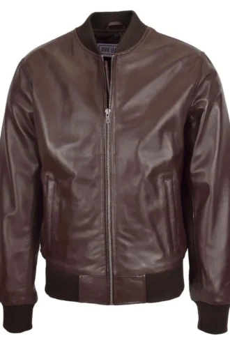 Mens Slim Fit MA1 Leather Bomber Jacket Ryan Brown