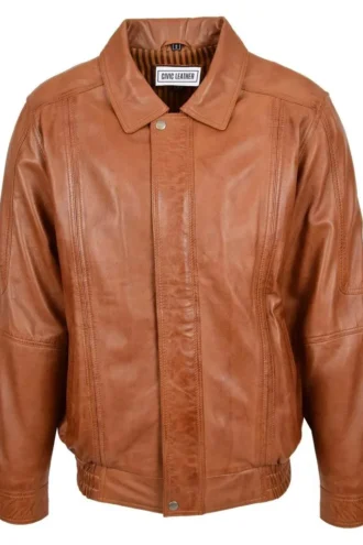 Mens Classic Leather Bomber Jacket Jim Tan