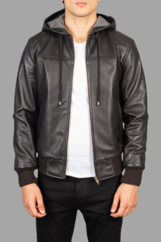 Nintenzo Brown Hooded Leather Bomber Jacket