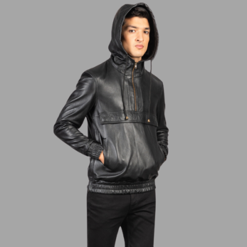 Kenton Hooded Black Leather Pullover Jacket
