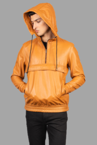 Kenton Hooded Brown Leather Pullover Jacket