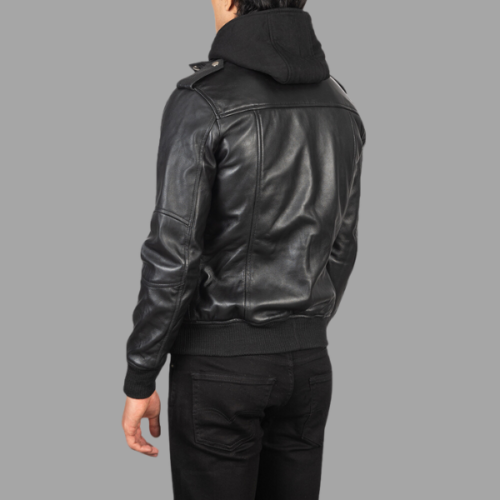 Bravado Black Hooded Leather Bomber Jacket