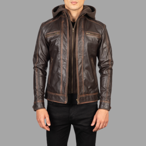 Hector Vintage Brown Hooded Leather Biker Jacket