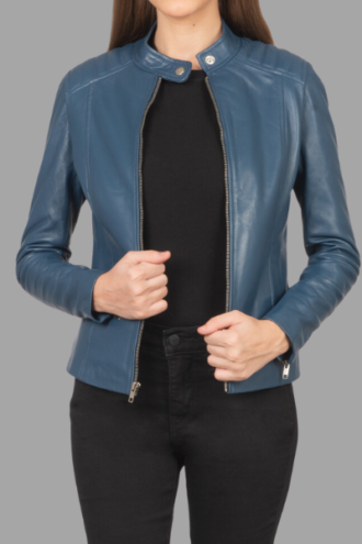 Kelsee Blue Leather Biker Jacket