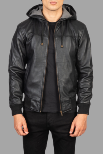 Nintenzo Black Hooded Leather Bomber Jacket