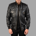 Agent Shadow Black Leather Bomber Jacket