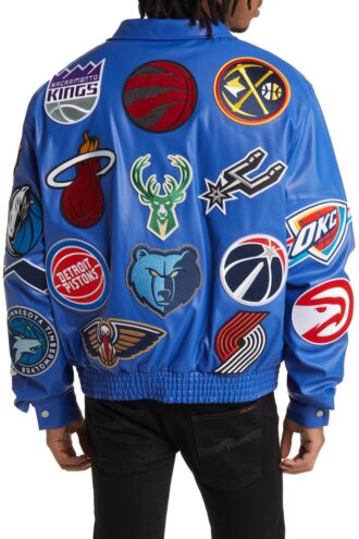 NBA Collage Real Leather Jacket Blue