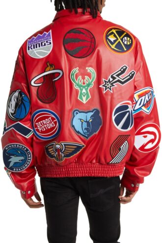 NBA Collage Real Leather Jacket Red