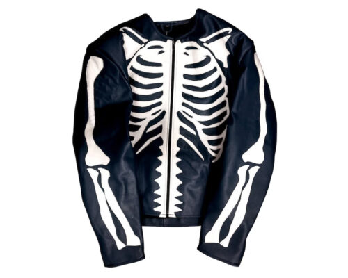 Handmade Skeleton Bones Café Racer Motorcycle Biker Halloween Genuine Black Leather Jacket