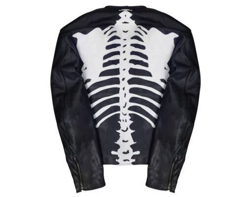 Handmade Skeleton Bones Café Racer Motorcycle Biker Halloween Genuine Black Leather Jacket