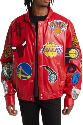 NBA Collage Real Leather Jacket Red