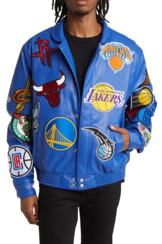 NBA Collage Real Leather Jacket Blue