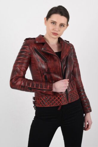 Women’s Burnt Red Biker handmade Italian lambskin Leather Jacket