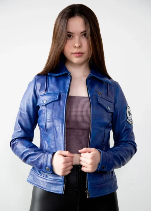 Womens Future Trunks Capsule Corp DB Purple Blue Leather Jacket