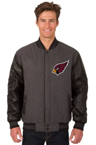 Arizona Cardinals Wool & Leather Reversible Jacket w/ Embroidered Logos - Charcoal/Black