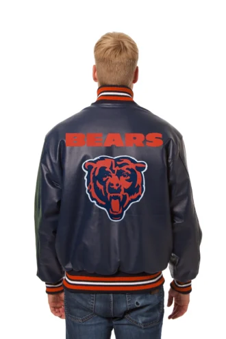 Chicago Bears Handmade Full Leather Snap Jacket - Navy