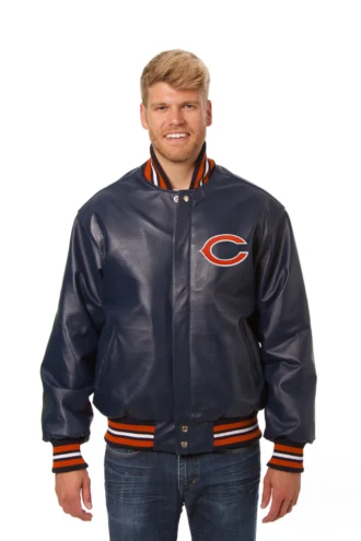 Chicago Bears Handmade Full Leather Snap Jacket - Navy