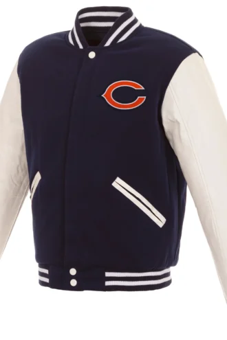 Chicago Bears Reversible Fleece Jacket with Faux Leather Sleeves - Navy/White