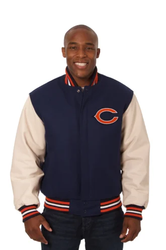 Chicago Bears Two-Tone Wool and Leather Jacket - Navy/Cream