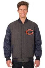 Chicago Bears Wool & Leather Reversible Jacket w/ Embroidered Logos - Charcoal/Navy